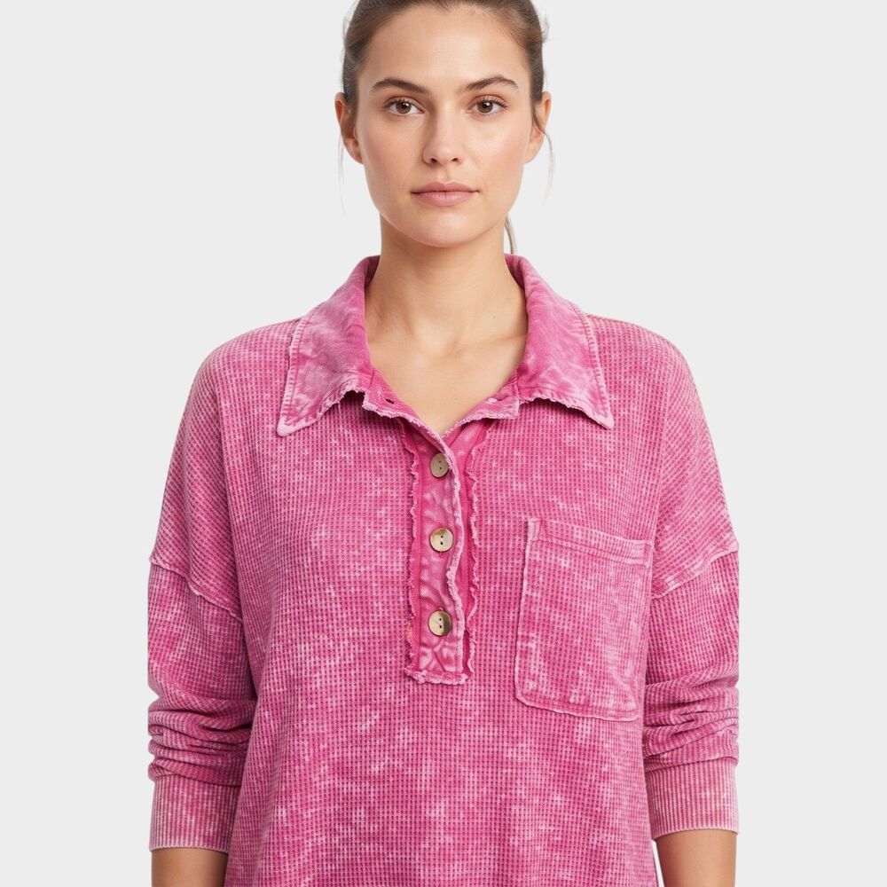 White Birch Pink Oversized Blouse XL Button Down Casual Long Sleeve Top